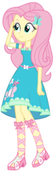 Size: 1500x4572 | Tagged: safe, artist:sketchmcreations, fluttershy, equestria girls, equestria girls series, g4, clothes, dress, feet, female, geode of fauna, hand on head, magical geodes, sandals, simple background, smiling, solo, transparent background, vector