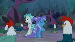Size: 1920x1080 | Tagged: safe, screencap, terramar, trixie, classical hippogriff, cockatrice, hippogriff, pony, g4, student counsel, cape, clothes, hat, trixie's cape, trixie's hat