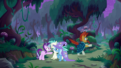 Size: 1920x1080 | Tagged: safe, screencap, starlight glimmer, sunburst, terramar, trixie, classical hippogriff, hippogriff, pony, unicorn, g4, student counsel, cape, clothes, everfree forest, female, forest, hat, magic, male, mare, scared, stallion, startled, tree, wizard hat