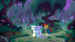 Size: 1920x1080 | Tagged: safe, screencap, sunburst, terramar, trixie, classical hippogriff, hippogriff, pony, unicorn, g4, student counsel, cape, clothes, everfree forest, female, forest, hat, male, mare, stallion, tree, wizard hat
