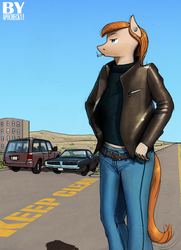 Size: 1958x2699 | Tagged: safe, artist:apocheck13, oc, oc only, anthro, anthro oc, car, cigarette, clothes, desert, dodge charger, female, jacket, jeans, leather jacket, pants, road, smoking, solo, tomboy