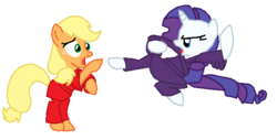 Size: 613x311 | Tagged: safe, artist:author92, applejack, rarity, earth pony, pony, unicorn, g4, gi, hatless, kick, martial artist rarity, martial arts, missing accessory