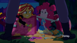 Size: 1366x768 | Tagged: safe, screencap, max steele, pinkie pie, sunset shimmer, equestria girls, equestria girls series, g4, sunset's backstage pass!, spoiler:eqg series (season 2), angry, batter, broken, discovery family logo, fake smile, food, food cart, framed by legs, night, property damage, ruined, sauce, security guard, smiling, upset