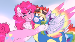 Size: 800x450 | Tagged: safe, artist:wanderingpegasus, pinkie pie, rainbow dash, pony, g4, :t, cheek squish, clothes, colored wings, colored wingtips, eyes closed, female, gradient wings, hug, lesbian, mare, ship:pinkiedash, shipping, smiling, squishy cheeks, uniform, wings, wonderbolts uniform