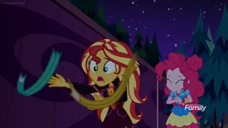 Size: 1366x768 | Tagged: safe, screencap, equestria girls, equestria girls specials, g4, my little pony equestria girls: better together, my little pony equestria girls: sunset's backstage pass, bands, discovery family logo, kicked out, night, wince