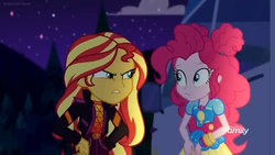 Size: 1366x768 | Tagged: safe, screencap, pinkie pie, sunset shimmer, equestria girls, equestria girls specials, g4, my little pony equestria girls: better together, my little pony equestria girls: sunset's backstage pass, alternate hairstyle, discovery family logo, geode of empathy, geode of sugar bombs, glowing, magical geodes, night, stare, upset