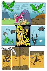 Size: 730x1095 | Tagged: safe, artist:cartoon-eric, pinkie pie, oc, oc:fred wolfbane, pony, comic:pink. it's what's for dinner, g4, animal costume, bird costume, canyon, clothes, comic, costume, dark cloud, falling, fan, hole, impact silhouette, lightning, roasted, sign