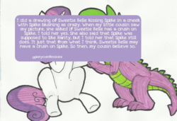Size: 900x616 | Tagged: safe, artist:ponyconfessions, spike, sweetie belle, dragon, pony, unicorn, g4, female, filly, implied interspecies, implied kissing, male, ship:spikebelle, shipping, straight