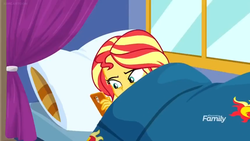 Size: 1366x768 | Tagged: safe, screencap, equestria girls, equestria girls specials, g4, my little pony equestria girls: better together, my little pony equestria girls: sunset's backstage pass, bed, curtains, discovery family logo, phone, pillow, sleeping, solo, tired, window