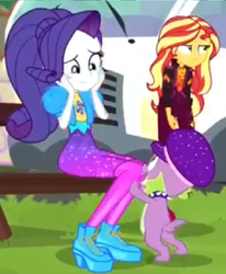Size: 634x768 | Tagged: safe, screencap, rarity, spike, spike the regular dog, sunset shimmer, dog, equestria girls, equestria girls specials, g4, my little pony equestria girls: better together, my little pony equestria girls: sunset's backstage pass, cropped, discovery family logo, hat, spike's dog collar, spike's festival hat, tail