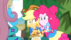 Size: 1366x768 | Tagged: safe, screencap, applejack, fluttershy, pinkie pie, equestria girls, equestria girls specials, g4, my little pony equestria girls: better together, my little pony equestria girls: sunset's backstage pass, discovery family logo, female, food, pancakes