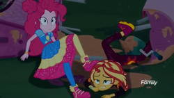 Size: 1366x768 | Tagged: safe, screencap, pinkie pie, sunset shimmer, equestria girls, equestria girls series, g4, sunset's backstage pass!, spoiler:eqg series (season 2), broken, crashed, discovery family logo, food, injured, night, ruined, sauce, shoes, sneakers
