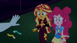 Size: 1366x768 | Tagged: safe, screencap, max steele, pinkie pie, sunset shimmer, equestria girls, equestria girls specials, g4, my little pony equestria girls: better together, my little pony equestria girls: sunset's backstage pass, bands, discovery family logo, dropping, kicked out, night