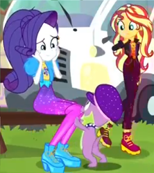 Size: 682x768 | Tagged: safe, screencap, rarity, spike, spike the regular dog, sunset shimmer, dog, equestria girls, equestria girls specials, g4, my little pony equestria girls: better together, my little pony equestria girls: sunset's backstage pass, cropped, discovery family logo, hat, spike's dog collar, spike's festival hat, tail