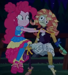 Size: 702x768 | Tagged: safe, screencap, pinkie pie, equestria girls, equestria girls specials, g4, my little pony equestria girls: better together, my little pony equestria girls: sunset's backstage pass, actual sunset shimmer, discovery family logo, dummy, hairbrush, newspaper, night, ragdoll, shoes, sneakers