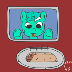 Size: 800x800 | Tagged: safe, artist:vohd, lyra heartstrings, pony, unicorn, g4, animated, burrito, female, food, frame by frame, microwave, simple background, solo, tongue out, underhoof, you spin me right round