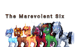 Size: 1024x640 | Tagged: safe, artist:tobiisabunny, oc, oc:bitter rot, oc:daybreak flare, oc:dream maker, oc:havoc fury, oc:lack luster, oc:monochrome frost, oc:moonlight blues, alicorn, donkey, earth pony, pegasus, pony, unicorn, oc villain, the marevolent six