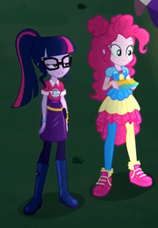 Size: 410x593 | Tagged: safe, screencap, pinkie pie, sci-twi, twilight sparkle, equestria girls, equestria girls specials, g4, my little pony equestria girls: better together, my little pony equestria girls: sunset's backstage pass, boots, clothes, geode of sugar bombs, glasses, hair bun, magical geodes, pantyhose, ponytail, shoes, skirt, sneakers