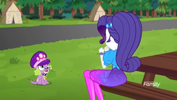 Size: 1366x768 | Tagged: safe, screencap, rarity, spike, spike the regular dog, dog, human, equestria girls, equestria girls specials, g4, my little pony equestria girls: better together, my little pony equestria girls: sunset's backstage pass, ass, butt, cropped, discovery family logo, hat, rearity, spike's dog collar, spike's festival hat, table, tail, tent