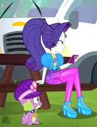 Size: 412x540 | Tagged: safe, screencap, rarity, spike, spike the regular dog, dog, equestria girls, equestria girls series, g4, sunset's backstage pass!, spoiler:eqg series (season 2), cellphone, crossed legs, female, fleetwood pace arrow, hat, high heels, legs, male, paws, phone, picnic table, rv, shoes, smartphone, spike's dog collar, spike's festival hat, table