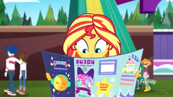 Size: 1280x720 | Tagged: safe, screencap, curly winds, kiwi lollipop, scribble dee, some blue guy, sunset shimmer, supernova zap, wiz kid, written script, equestria girls, equestria girls series, g4, sunset's backstage pass!, spoiler:eqg series (season 2), arm on shoulder, background human, clothes, converse, discovery family logo, pants, postcrush, shoes, written equestrian