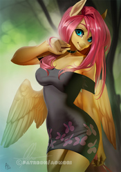 Size: 666x950 | Tagged: safe, alternate version, artist:chillilemonade, fluttershy, pegasus, anthro, g4, adorasexy, beautiful, beautisexy, breasts, busty fluttershy, choker, clothes, cute, digital art, dress, drooping wings, female, looking at you, mare, nightgown, patreon, patreon reward, sexy, shoulderless, shyabetes, signature, smiling, solo, spread wings, wings