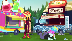Size: 1366x768 | Tagged: safe, screencap, snips, sunset shimmer, equestria girls, equestria girls specials, g4, my little pony equestria girls: better together, my little pony equestria girls: sunset's backstage pass, crossed arms, discovery family logo, food, food cart, hat, ice cream, ice cream cone, rainbow hat, top hat, wristband, written equestrian
