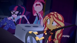Size: 1366x768 | Tagged: safe, screencap, pinkie pie, sci-twi, sunset shimmer, twilight sparkle, equestria girls, equestria girls specials, g4, my little pony equestria girls: better together, my little pony equestria girls: sunset's backstage pass, clothes, discovery family logo, driving, geode of empathy, magical geodes, nose in the air, pajamas, seatbelt, shrunken pupils, sleeveless, steering wheel, yelling