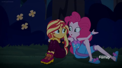 Size: 1366x768 | Tagged: safe, screencap, pinkie pie, sunset shimmer, equestria girls, equestria girls series, g4, sunset's backstage pass!, spoiler:eqg series (season 2), discovery family logo, flower, hand on shoulder, night, sitting, sleeveless
