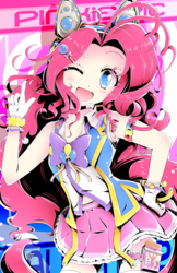 Size: 792x1224 | Tagged: safe, artist:banzatou, pinkie pie, human, g4, anime, blushing, clothes, cute, diapinkes, female, hand on hip, headphones, humanized, looking at you, one eye closed, open mouth, smiling, solo, wink