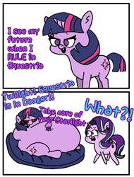 Size: 1600x2100 | Tagged: safe, artist:jlyne, starlight glimmer, twilight sparkle, alicorn, pony, unicorn, g4, belly, big belly, cupcake, dialogue, duo, duo female, exclamation point, fat, female, food, huge belly, impossibly large belly, interrobang, lazy, mare, morbidly obese, obese, photo, question mark, sunglasses, trace, twilard sparkle, twilight sparkle (alicorn)