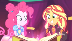 Size: 1366x768 | Tagged: safe, screencap, pinkie pie, sunset shimmer, equestria girls, equestria girls specials, g4, my little pony equestria girls: better together, my little pony equestria girls: sunset's backstage pass, alternate hairstyle, discovery family logo, glowing, magic book, smiling