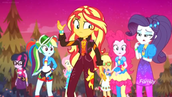 Size: 1366x768 | Tagged: safe, screencap, applejack, fluttershy, pinkie pie, rainbow dash, rarity, sci-twi, sunset shimmer, twilight sparkle, equestria girls, equestria girls series, g4, sunset's backstage pass!, spoiler:eqg series (season 2), cap, clothes, discovery family logo, dress, evening, female, geode of empathy, geode of shielding, geode of sugar bombs, geode of super speed, geode of telekinesis, hat, humane five, humane seven, humane six, magical geodes