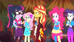 Size: 1366x768 | Tagged: safe, screencap, applejack, fluttershy, pinkie pie, rainbow dash, rarity, sci-twi, sunset shimmer, twilight sparkle, equestria girls, equestria girls series, g4, sunset's backstage pass!, spoiler:eqg series (season 2), clothes, discovery family logo, dress, evening, female, geode of empathy, geode of shielding, geode of sugar bombs, humane five, humane seven, humane six, magical geodes, pointing