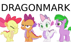 Size: 1500x900 | Tagged: safe, artist:blackwidower, apple bloom, scootaloo, spike, sweetie belle, dragon, pony, g4, alternate universe, angry, colt, cutie mark crusaders, dragon bloom, dragoness, dragonified, facepalm, fanfic art, female, grin, male, my little dragon, ponified, ponified spike, recolor, scootadragon, simple background, smiling, species swap, sweetie dragon, text, white background, wings