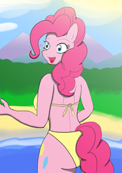 Size: 595x842 | Tagged: safe, artist:afhybrid, pinkie pie, anthro, g4, beach, bikini, breasts, busty pinkie pie, clothes, female, solo, swimsuit, yellow swimsuit