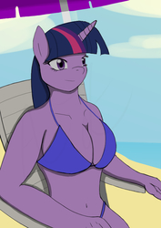 Size: 595x842 | Tagged: safe, artist:afhybrid, twilight sparkle, anthro, g4, beach, beach chair, beach umbrella, belly button, bikini, breasts, busty twilight sparkle, chair, cleavage, clothes, female, sitting, smiling, solo, swimsuit