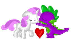 Size: 960x567 | Tagged: safe, artist:bugg0warrior, spike, sweetie belle, dragon, pony, unicorn, g4, cute, eyes closed, female, filly, heart, interspecies, kiss on the lips, kissing, male, raised hoof, ship:spikebelle, shipping, simple background, straight, white background
