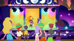 Size: 1366x768 | Tagged: safe, screencap, adagio dazzle, aria blaze, duke suave, hunter hedge, lemon zack, micro chips, sandy cerise, snow flower, sonata dusk, space camp, equestria girls, equestria girls specials, g4, my little pony equestria girls: better together, my little pony equestria girls: sunset's backstage pass, background human, background human audience, crowd, discovery family logo, green smoke, moon, smoke, sneer, spotlight, stage, the dazzlings