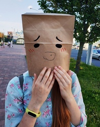 Size: 1705x2160 | Tagged: safe, artist:tavifly, oc, oc only, oc:paper bag, human, blushing, clothes, cosplay, costume, i think that's not the paper bag pony, irl, irl human, looking at you, paper bag, photo