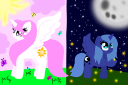 Size: 1500x1000 | Tagged: safe, artist:php185, princess celestia, princess luna, alicorn, pony, g4, cloud, female, filly, full moon, moon, pink-mane celestia, sun, young, younger