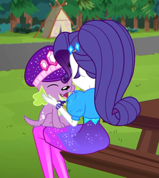 Size: 962x1080 | Tagged: safe, screencap, rarity, spike, spike the regular dog, dog, human, equestria girls, equestria girls specials, g4, my little pony equestria girls: better together, my little pony equestria girls: sunset's backstage pass, ass, butt, cropped, facing away, female, geode of shielding, happy, hat, hug, magical geodes, male, outdoors, picnic table, rear view, rearity, sitting, smiling, spike's festival hat, spikelove, table