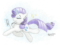 Size: 3412x2558 | Tagged: safe, artist:kirbyliscious, rarity, pony, unicorn, g4, atg 2019, cellphone, colored pencil drawing, earbuds, eyes closed, female, high res, levitation, magic, mare, newbie artist training grounds, phone, simple background, solo, telekinesis, traditional art, white background