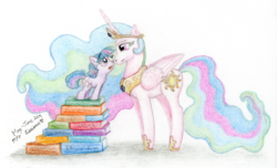 Size: 4323x2622 | Tagged: safe, artist:kirbyliscious, princess celestia, twilight sparkle, alicorn, pony, unicorn, g4, book, boop, colored pencil drawing, cute, cutelestia, female, filly, filly twilight sparkle, heart, jewelry, momlestia, noseboop, palette swap, recolor, regalia, simple background, traditional art, twiabetes, white background, younger