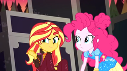 Size: 1366x768 | Tagged: safe, screencap, pinkie pie, sunset shimmer, equestria girls, equestria girls specials, g4, my little pony equestria girls: better together, my little pony equestria girls: sunset's backstage pass, discovery family logo, geode of sugar bombs, hiding, magical geodes