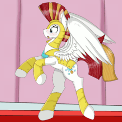 Size: 1000x1000 | Tagged: safe, alternate version, artist:cuddlelamb, oc, oc:cuddlelamb, pegasus, pony, age regression, animated, armor, baby, baby pony, blushing, colt, diaper, diaper bag, dock, foal, gif, kindergarten uniform, magic, male, messenger bag, open mouth, pacifier, rearing, royal guard, solo, speech bubble, transforming clothes