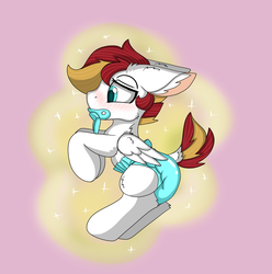 Size: 1000x1007 | Tagged: safe, artist:cuddlelamb, oc, oc only, oc:cuddlelamb, pegasus, pony, age regression, baby, baby pony, blushing, colt, diaper, dock, foal, magic, male, pacifier, solo, speech bubble