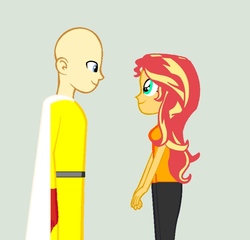 Size: 800x767 | Tagged: safe, sunset shimmer, equestria girls, g4, crossover, equestria girls-ified, one punch man, saitama, stare, superhero