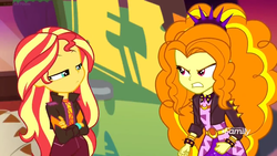Size: 1366x768 | Tagged: safe, screencap, adagio dazzle, sunset shimmer, equestria girls, equestria girls specials, g4, my little pony equestria girls: better together, my little pony equestria girls: sunset's backstage pass, angry, bracelet, contempt, discovery family logo, jewelry, music festival outfit, spiked headband, spiked wristband, wristband