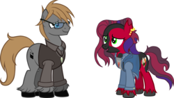 Size: 2000x1125 | Tagged: safe, artist:theeditormlp, oc, oc only, oc:crimson glow, oc:the editor, earth pony, pony, clothes, female, glasses, jacket, male, mare, simple background, stallion, sweater vest, transparent background, vector